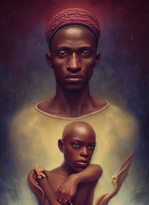 Image similar to portrait of a magical african boy, by agostino arrivabene and tom bagshaw and manuel sanjulian