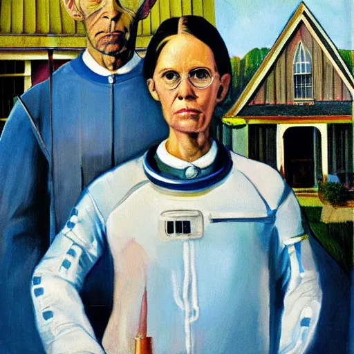 Image similar to the painting American Gothic, but with astronaut suits