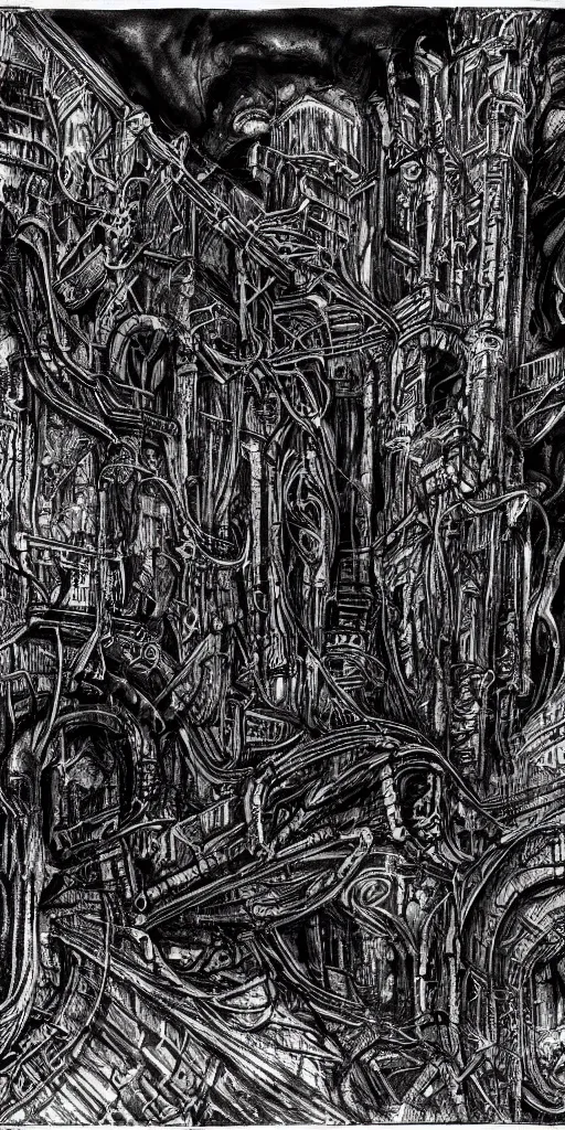 Image similar to a lovecraftian highly detailed ink sketch of a cyberpunk ruin by h. r giger in the style of art - deco art, 8 k