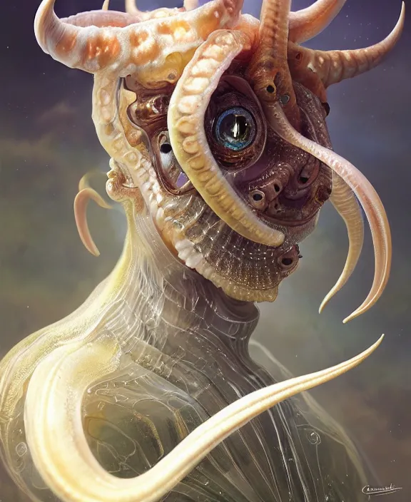 Image similar to intricate transparent portrait of a terrifying beautiful alien cuttlefish, horns, mottled coloring, adorable, childlike, anxiety environment, ultra realistic, concept art, art nouveau, photorealistic, octane render, 8 k, unreal engine. art by christopher marley and artgerm and greg rutkowski and alphonse mucha