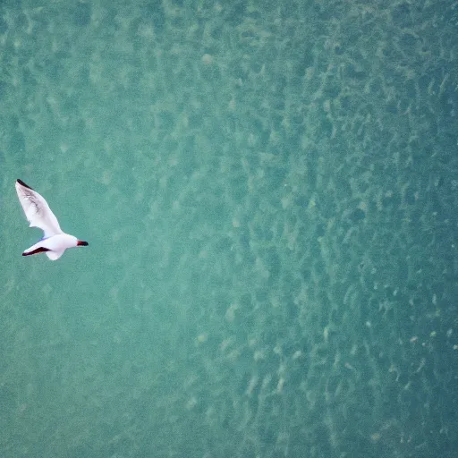 Image similar to simmetrical photo of a seagull flying seen exactly from above. Watching down. Seagull seen from above. 4k still award winning. Pleasant look and colors. Sea on the background.