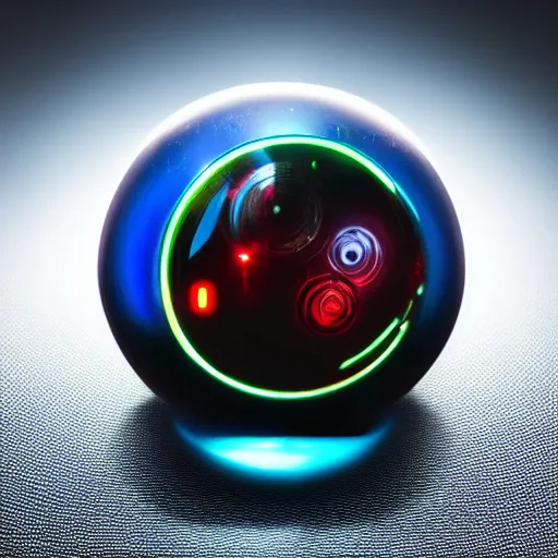 Image similar to A cyberpunk themed Pokeball, professional showroom photograph, studio lighting