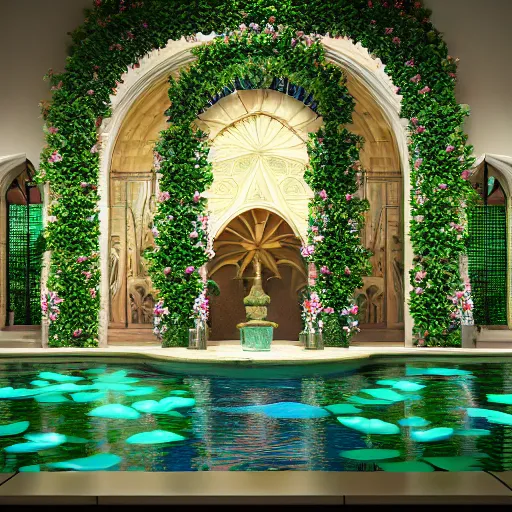 Prompt: grand cathedral interior with koi pond in the middle surrounded by palm trees, ivy, flowers, tropical plants, roses, and with archways, rendered in octane render with photorealistic lighting, cinematic