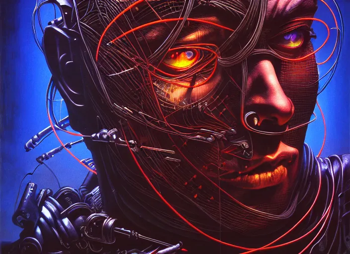 Prompt: dark cyberpunk man coding, a lot of cables around by ayami kojima, by francis bacon, by amano, by karol bak, greg hildebrandt, by mark brooks, by alex grey, by zdzisław beksinski, by takato yamamoto, vintage style, high resolution, ultra detailed, close - up wide portrait