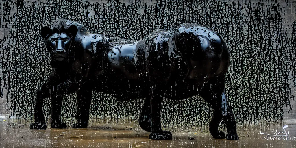 Prompt: the black lioness made of ferrofluid, in the zoo exhibit, viscous, sticky, full of black goo, covered with black goo, splattered black goo, dripping black goo, dripping goo, splattered goo, sticky black goo. photography, dslr, reflections, black goo, zoo, exhibit