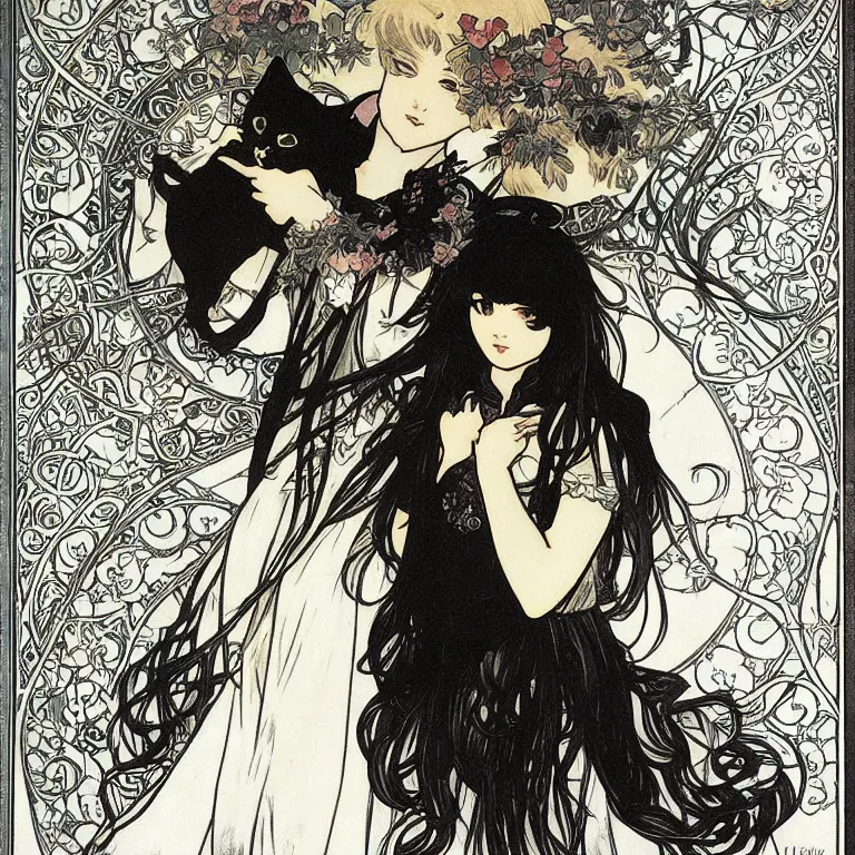 Image similar to gothic lolita and her cat companion. chiaroscuro manga artbook illustration by clamp and alphonse mucha.