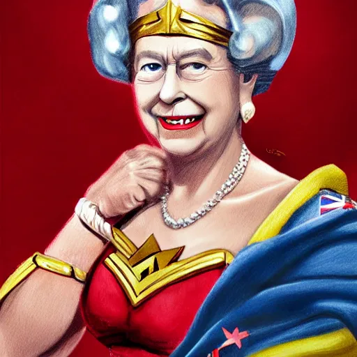 Image similar to The Queen Elizabeth II as wonder woman, photorealism, detailed, square