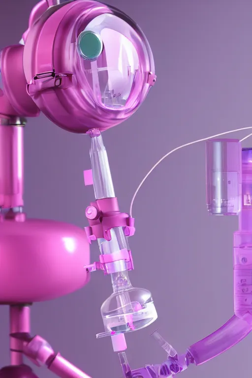 Image similar to Pink Vapor Inhalation Robot in a Medical Laboratory Connected to a Spherical Bottle of Pink Liquid by a Tube, Pink Vapor Leaking from an Oxygen Mask, fantasy, magic, ultra detailed, digital art, trending on artstation, illustration