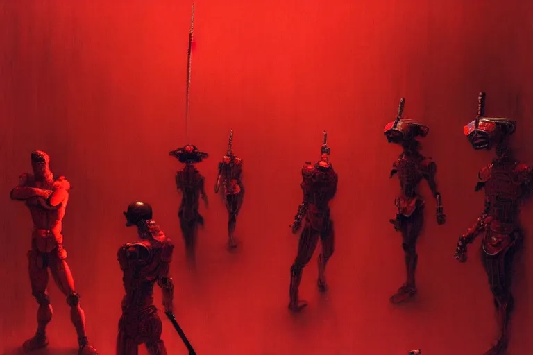 Image similar to only with red, a red cyborg samurai, tokio futuristic in background, some evil yokai fight, in the style of beksinski, parts by edward hopper, parts by rodcenko, parts by yue minjun, intricate and epic composition, red by caravaggio, insanely quality, highly detailed, masterpiece, red light, artstation, 4 k