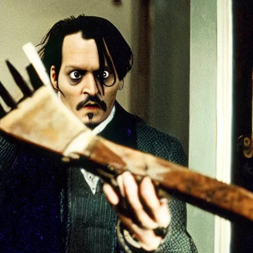 Image similar to Johnny Depp as Jack Torrance in Shining, holding axe,