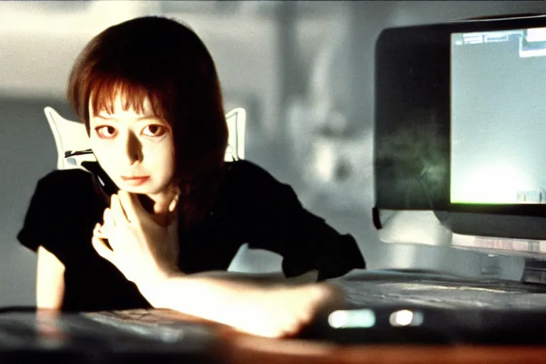 Image similar to alien catgirl using a computer to check her email submerged in translucent goo, over the shoulder perspective, in 1 9 8 5, y 2 k cybercore, industrial low - light photography, still from a kiyoshi kurosawa movie