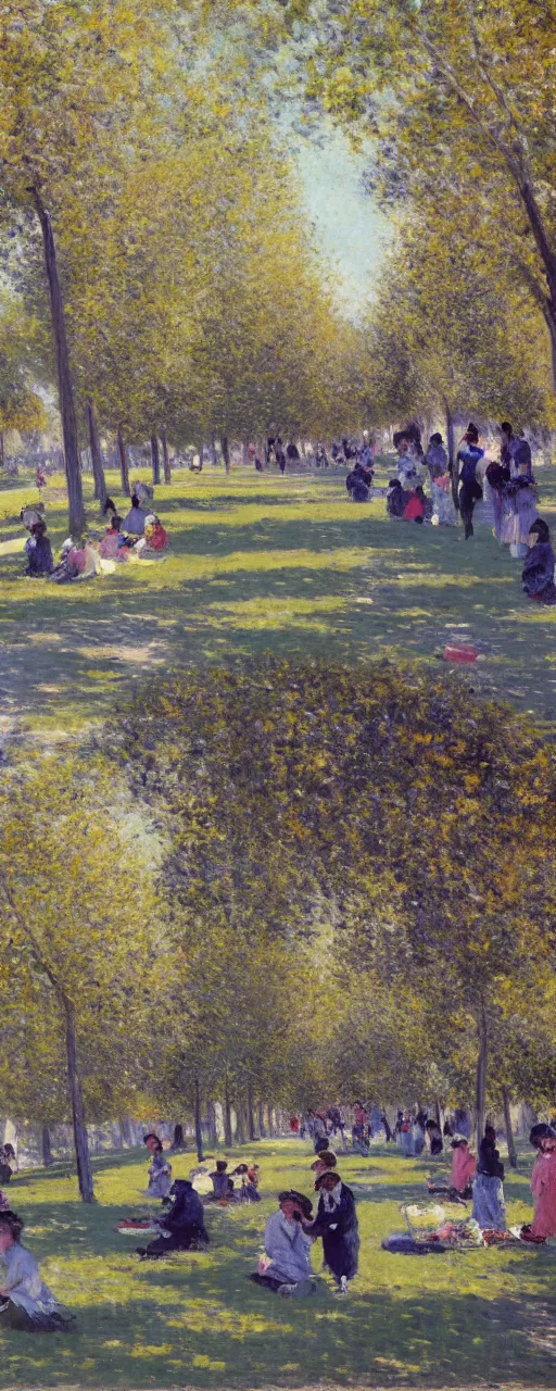 Image similar to a beautiful boulevard in full bloom, people on a picnic, noon, Gustave Caillebotte, artstation, 8k