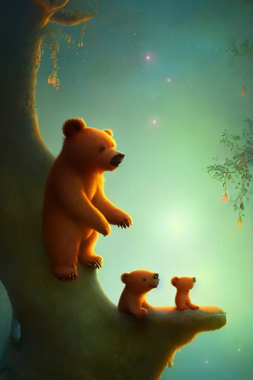 Image similar to a surreal Bioluminescent, very very very cute lost bear in a happy world by Daniel Merriam, Trending on Artstation, oil on Canvas by Elena Zhurikhina and Goro Fujita and Charlie Bowater, octane render, 4k, 8k, HD