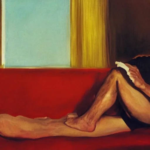 Image similar to Sigmund freud lying on the couch in a therapy room by Edward Hopper, evening light, light coming through the window