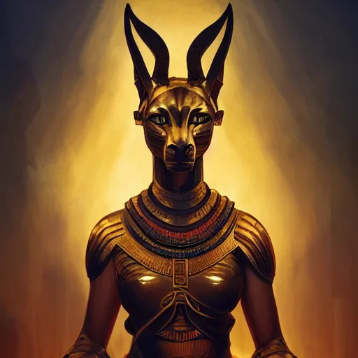 Image similar to majestic gracious regal female anubis warrior portrait, ancient egypt, atmospheric lighting, painted, menacing, intricate, volumetric lighting, beautiful, rich deep colours masterpiece, golden hour, sharp focus, ultra detailed, by leesha hannigan, ross tran, thierry doizon, kai carpenter, ignacio fernandez rios