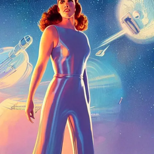 Image similar to Jennifer connelly as a stunning , beautiful retro SCI-FI space heroine 1985 , star ship taking off in the background , movie poster, intricate, elegant, highly detailed, centered, digital painting, trending on artstation, concept art, smooth, sharp focus, illustration, art by illustration, Unreal Engine 5, 8K, art by artgerm and greg rutkowski and alphonse mucha WLOP