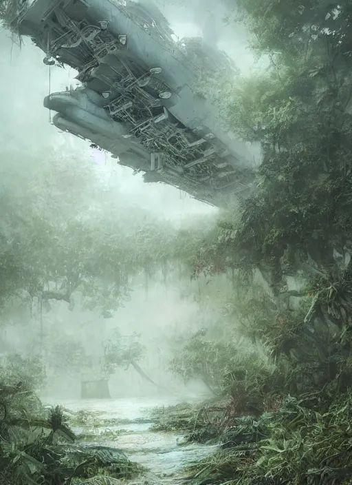 Prompt: huge aircraft carrier, USS Nimitz, overgrown with vegetation laying on the ground of a tropical forest, rotten, rusty, post appocalyptic illustration by Luis Royo, by Greg Rutkowski, dark, gritty, intricate, cover illustration, concept art, volumetric lighting, volumetric atmosphere, sharp focus, octane render, trending on artstation, 8k