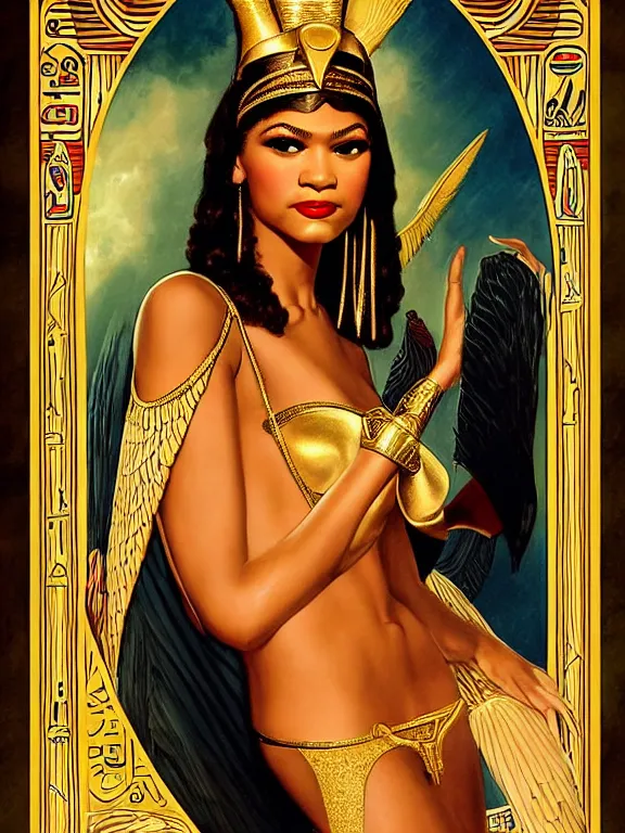 Image similar to zendaya as isis the Egyptian goddess, a beautiful art nouveau portrait by Gil elvgren, Nile river environment, centered composition, defined features, golden ratio, golden jewelry