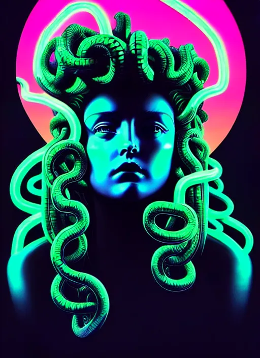 Image similar to statue of medusa, beeple, android jones, liam wong, ( ( ( ( ( dan mumford ) ) ) ) ), vaporwave, retrowave, black background, neon wiring, black, glitch, strong contrast, cuts, pinterest, trending on artstation