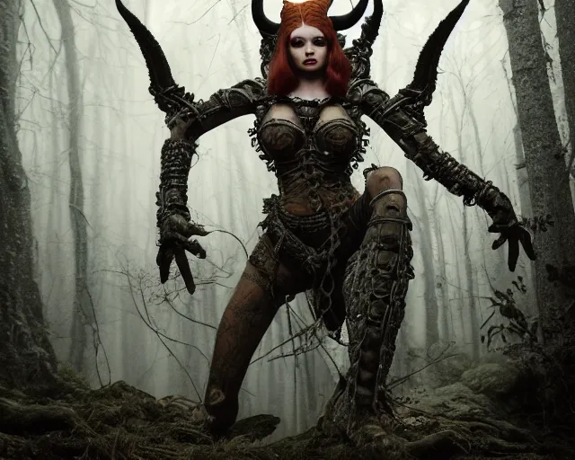 Prompt: 5 5 mm portrait photo of an armored gorgeous anesthetic redhead woman warrior with a face tattoo and horns growing from her head and a gargoyle sitting on her shoulder, in a magical forest in the style of greg rutkowski. by luis royo. highly detailed 8 k. intricate. lifelike. soft light. nikon d 8 5 0. cinematic post - processing