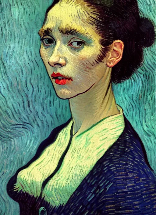 Image similar to portrait of a woman with long black hair, detailed beautiful face in painting, detailed beautiful portrait, expressionist oil painting masterpiece, 8 k resolution, smooth, sharp focus, pastel color palette, trending on artstation, by van gogh