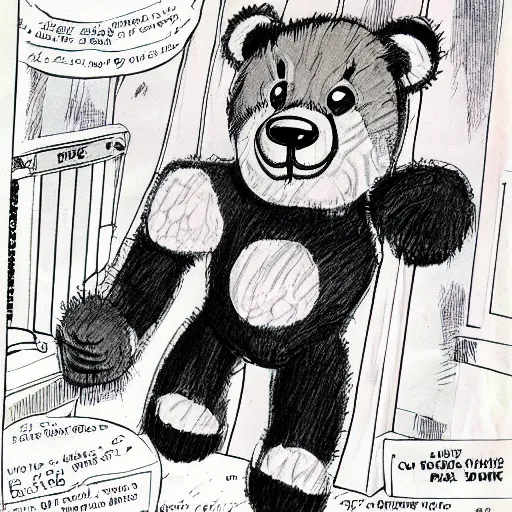 Prompt: fluffy teddy bear color comic book drawing as drawn by jack kirby