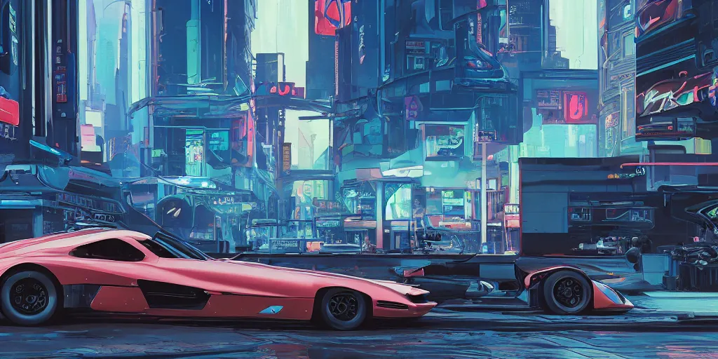 Prompt: art style by Ben Aronson and Edward Hopper and Syd Mead, wide shot view of the Cyberpunk 2077, on ground level. full view of the Tata Tamo Racemo with wide body kit modification and dark pearlescent holographic paint, has gullwing doors open.