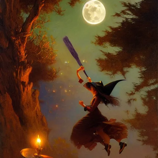 Prompt: witch flying using a broom, trough the night, fantasy, full moon in background. highly detailed painting by gaston bussiere, craig mullins, j. c. leyendecker 8 k