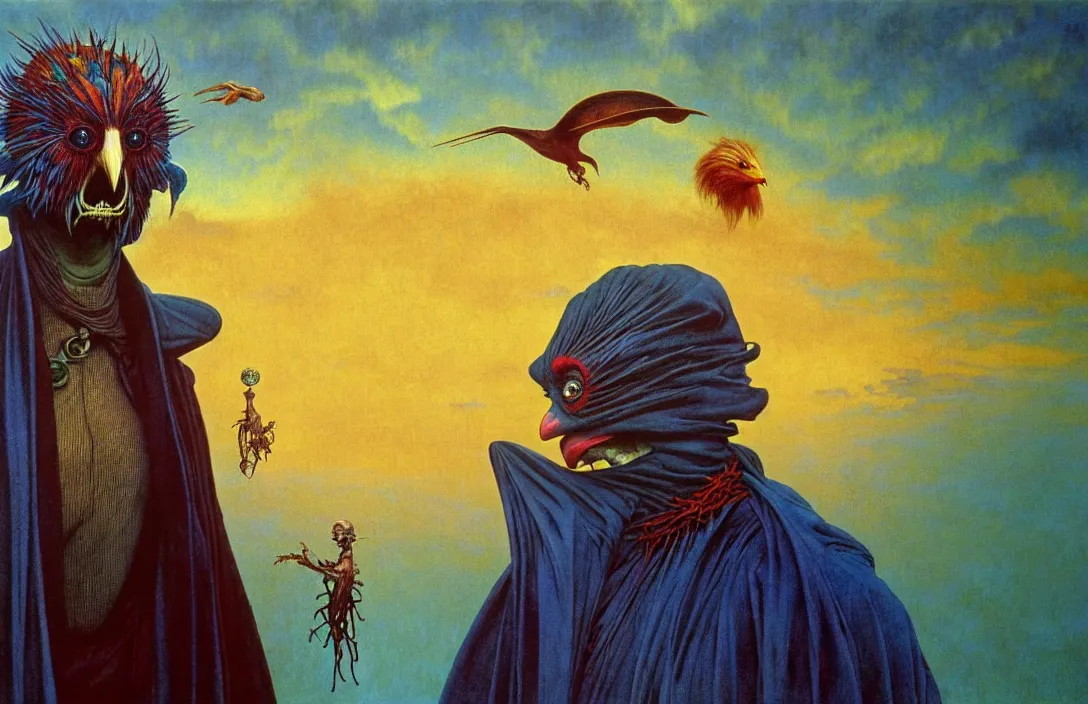 Image similar to realistic detailed portrait movie shot of a birdman wearing a dark robes, sci fi city landscape background by denis villeneuve, amano, yves tanguy, alphonse mucha, ernst haeckel, max ernst, roger dean, masterpiece, rich moody colours, dog teeth, blue eyes, sunset