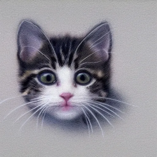 Image similar to photo of an intricately detailed representation of a accurate kitten. Colored graphite blended with colored oils miniature on vellum.