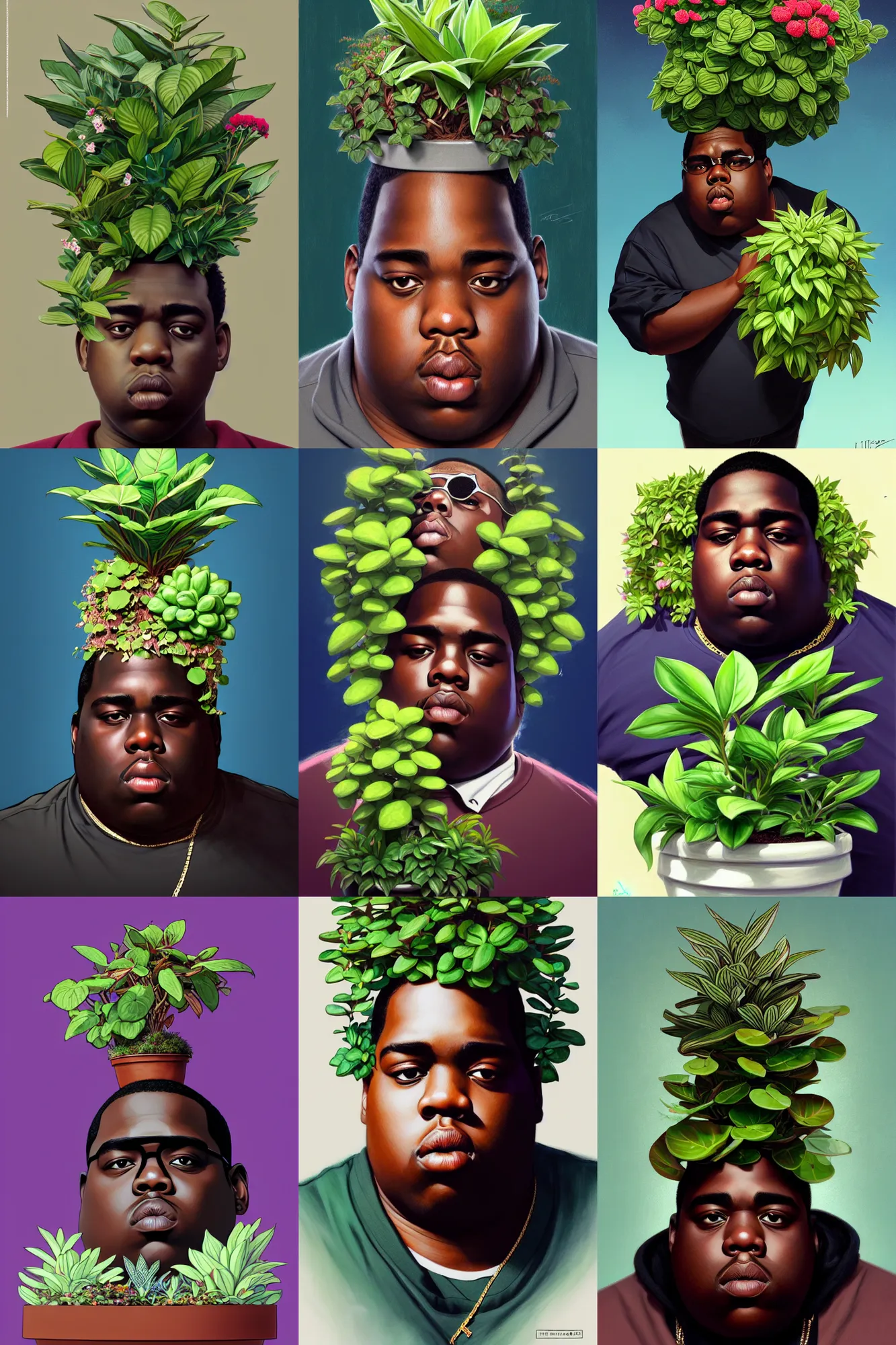 Prompt: the notorious b. i. g. as a potted plant with plants growing from his head, animation pixar style, shaded lighting poster by magali villeneuve, artgerm, jeremy lipkin and michael garmash, rob rey and kentaro miura style, trending on art station