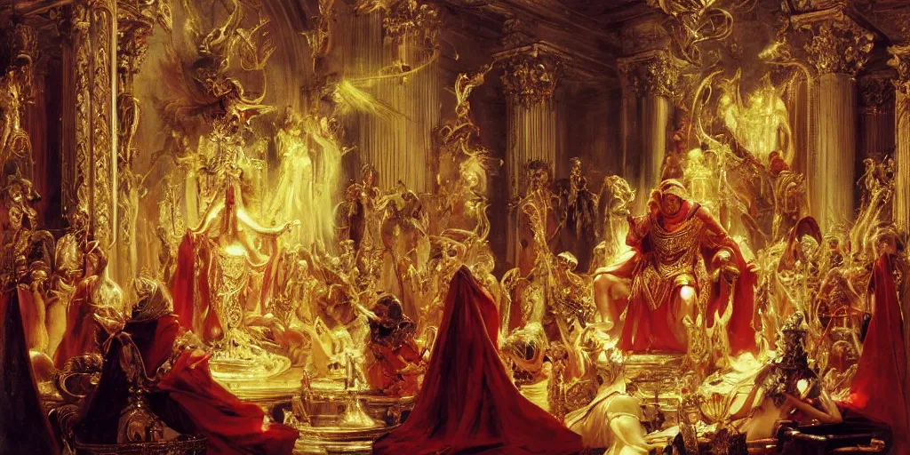 Prompt: beautiful oil painting, high details, alien in royal crimson robes enthroned as the alien god emperor of ancient civilization surrounded by servants in gilded halls a golden wreath upon his head, by anders zorn, wonderful masterpiece by greg rutkowski, beautiful cinematic light, american romanticism, by giger, rolf armstrong, ernie barnes, thomas lawrence, greg rutkowski