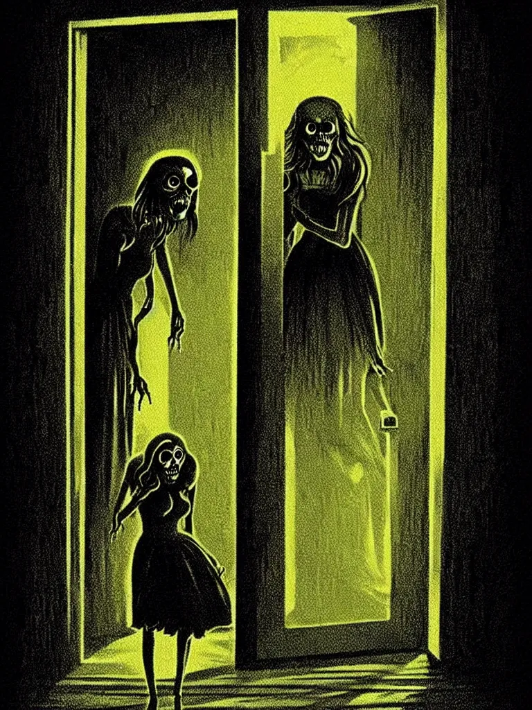 Image similar to Full Color Vintage Horror Illustration of a Woman Scared Looking in Door at Creature at night. Glowing , Spooky lighting , Pinterest