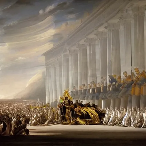 Image similar to sci fi car transport design organic smooth elastic forms 30% of canvas; wall structure in the coronation of napoleon painting 40% of canvas; by Jacques-Louis David, pinterest keyshot product render, cloudy plastic ceramic material shiny gloss water reflections, ultra high detail ultra realism, 4k