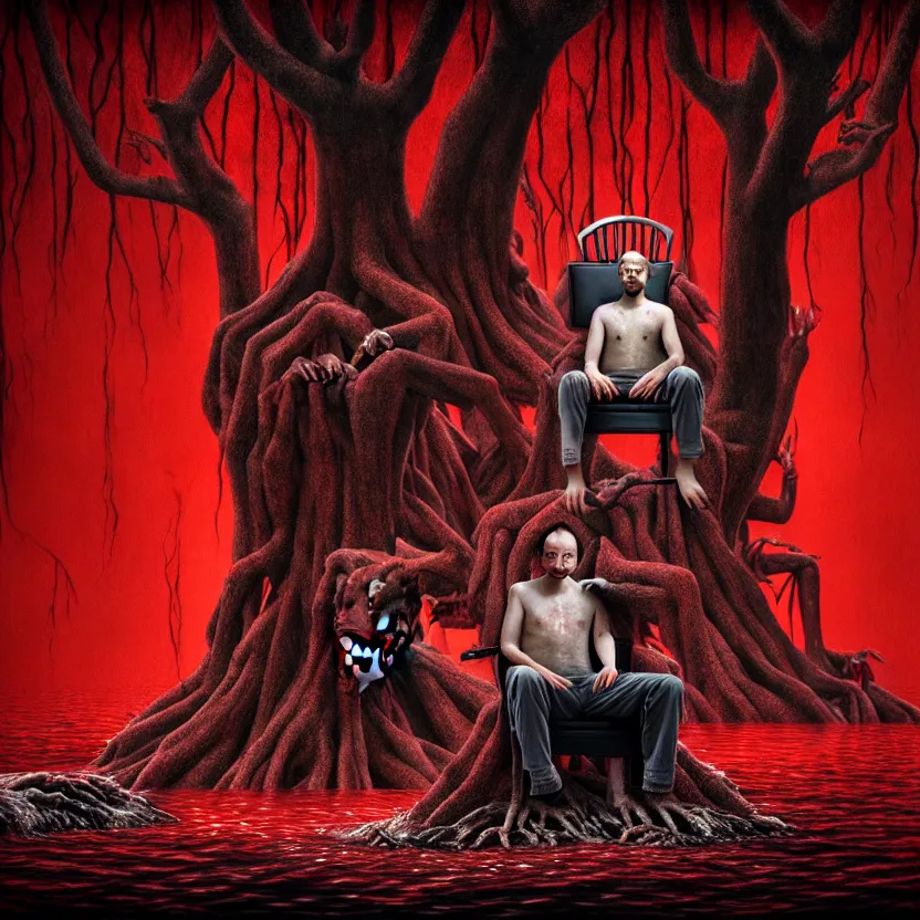 Image similar to a portrait of a man with five heads, twelve arms, sitting on chair made of human limbs, the chair is floating in a lake of blood, around the lake are melting trees, digital art, hyperrealistic nightmare scene, supernatural, highly detailed, creepy, terrifying