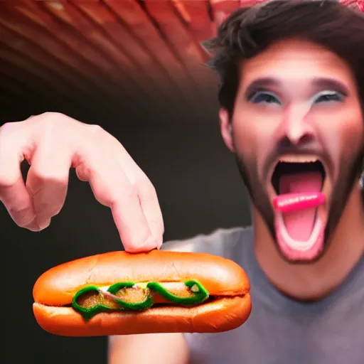 Image similar to man with morphing hot dog hands hyper realistic 4k with red eyes