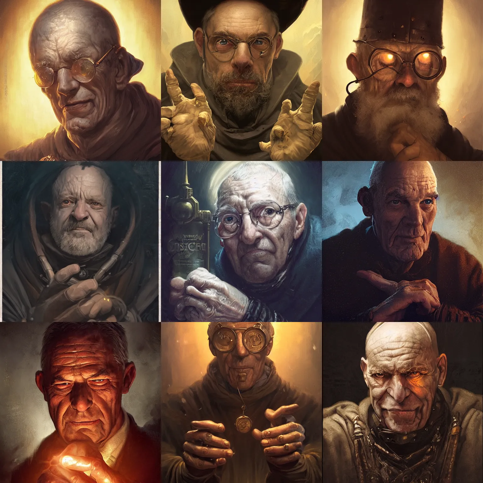 Prompt: portrait of an old, medieval alchemist in the dark. close up, his palms on his cheek, studio lighting bright ambient lighting key light, fantasy, detailed, photorealistic portrait by michael komarck, greg rutkowski, victo ngai, artgerm and j. dickenson