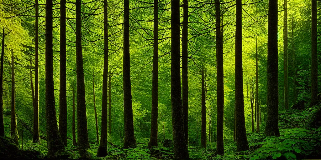 Image similar to lush north european mountainous broadleaf deciduous forest, against light, glare, bright details, contrasting, daylight, highly detailed, by dieter rams 1 9 9 0, national geographic magazine, reportage photo, natural colors