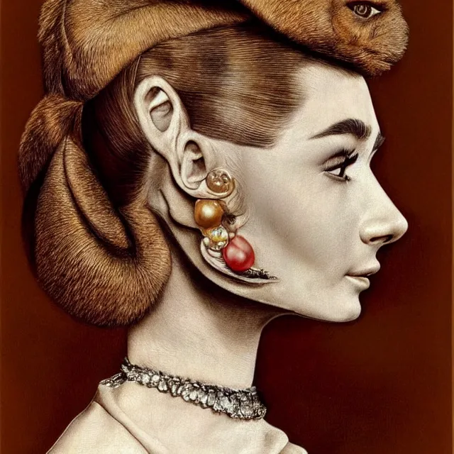 Prompt: a beautiful profile portrait of audrey hepburn, animals, by giuseppe arcimboldo, photo realistic, realistic materials.
