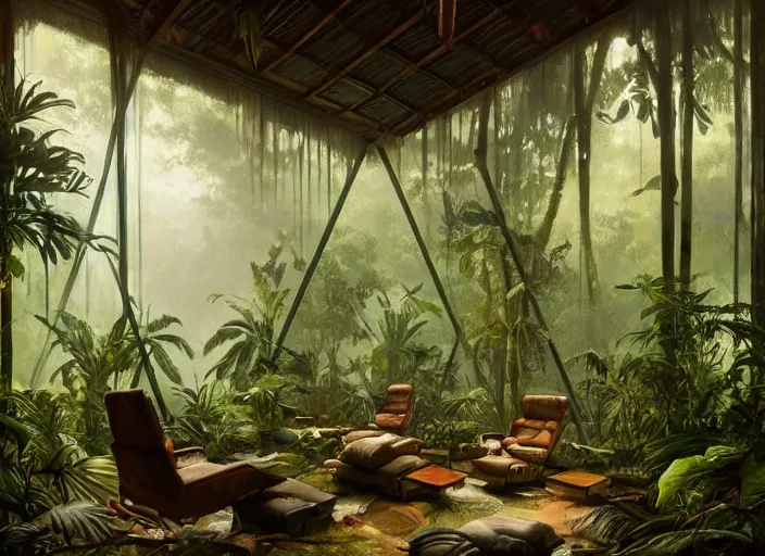 Image similar to a beautiful painting of the interior of a geodesic house in a moist tropical rainforest, living room, by greg rutkowski, realism, artstation, nature