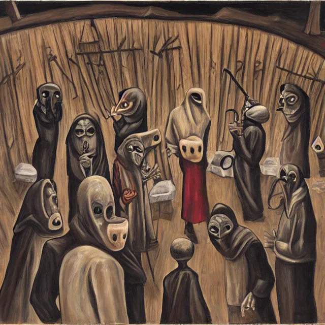 Image similar to several hooded disciples in purge masks, gathered in a brutalist courtyard, performing incantations over a fire in a barrel, by PJ Crook, oil on canvas