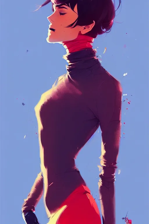 Image similar to a ultradetailed painting of a stylish woman wearing a turtleneck by conrad roset, greg rutkowski and makoto shinkai trending on artstation