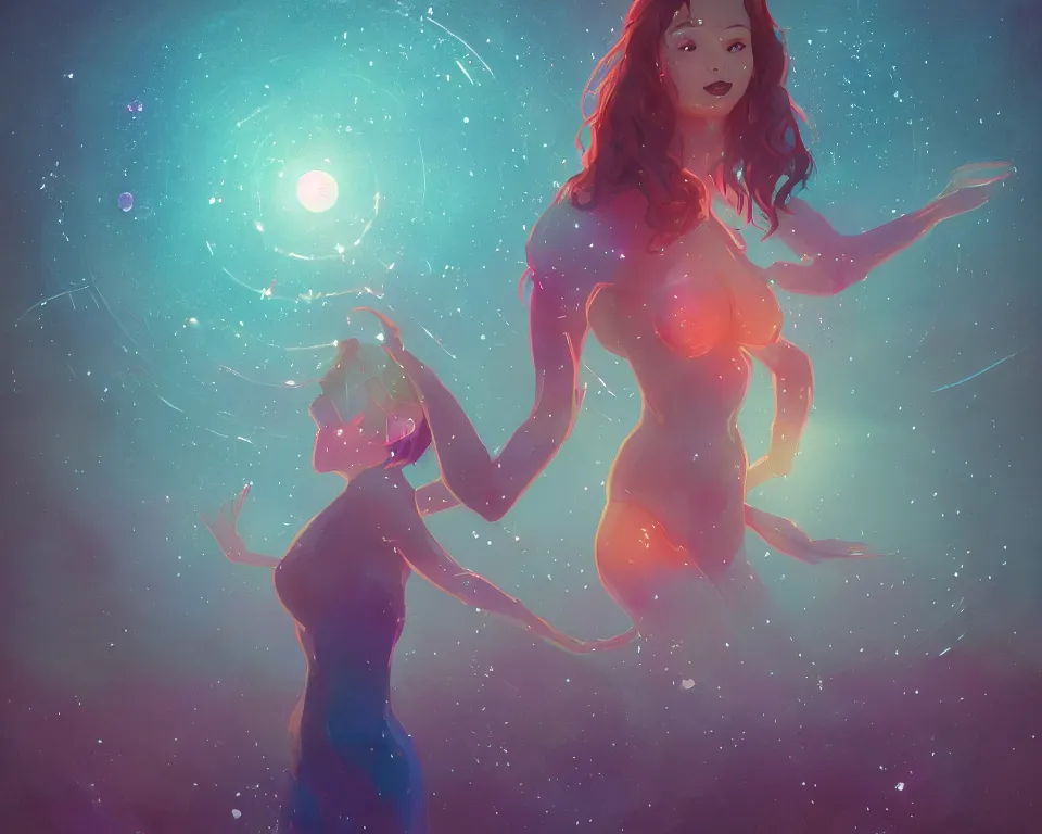 Prompt: beautiful fantastical girl standing in a lake basking in the moonlight, casting a spell, underneath a multi-colored binary blackhole with an accretion disc, glowing trails following her arms, wearing professional makeup, synthwave, by Lois van Baarle, by Greg Rutkowski, by artgerm, by beeple, by studio ghibli, cinematic angle, volumetric lighting, 4k resolution, octane render, trending on artstation, masterpiece