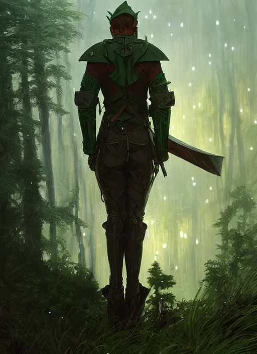 Image similar to elf soldier wearing dark green with a shield and sword on his back standing at a forest looking for adventure in the mountains, tall trees, landscape is lush, moody sunset in background, greg rutkowski, alphonse mucha, trending on artstation, artgerm, unreal engine, breathtaking, award winning, highly detailed