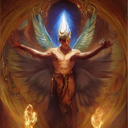 Image similar to attractive male deity casts light spell, summons attractive male lucifer morningstar. highly detailed painting by gaston bussiere, craig mullins, j. c. leyendecker 8 k