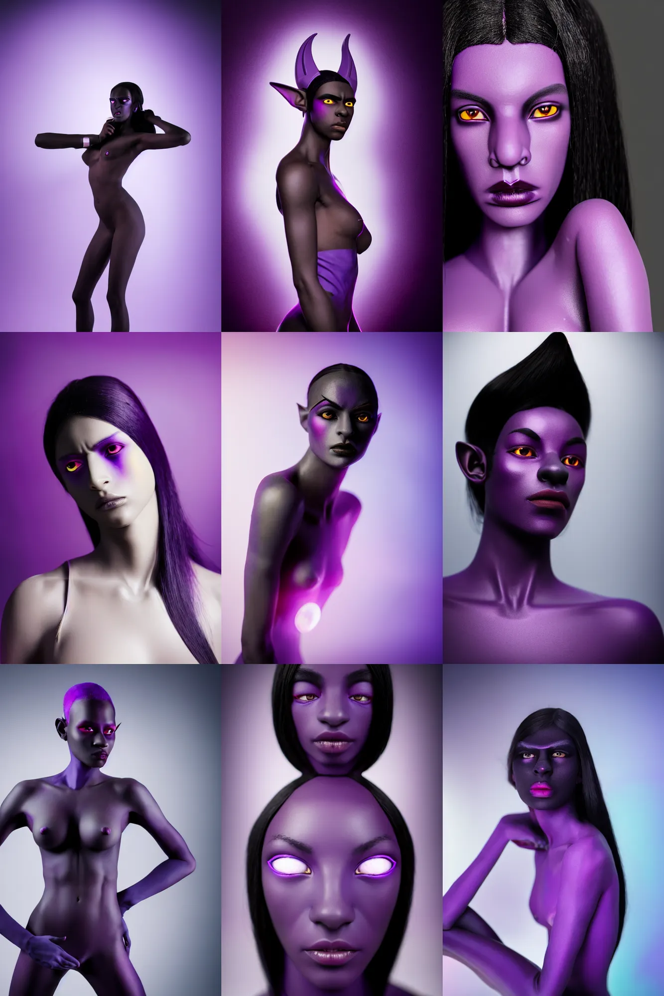 Prompt: an ultra high definition pastel coloured photograph of female dark elf with dark black purple skin sat in white cuboid home room. mid shot. three point lighting. volumetric. refraction. extremely detailed. soft focus. ambient light sources. haze artefacts, light glare, art directed. filmic. stark.