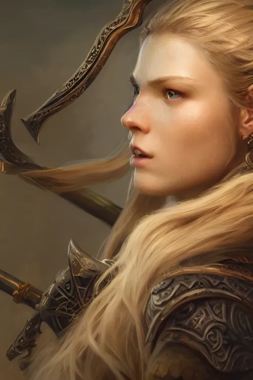 Image similar to ultra detailed beautiful female viking, blond long hair, green eyes, sharp bone structure, extremely detailed digital painting, in the style of fenghua zhong and ruan jia and jeremy lipking and peter mohrbacher, mystical colors, rim light, beautiful lighting, 8 k, stunning scene, raytracing, octane, trending on artstation