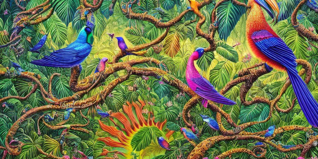 Image similar to visionary art, tropical eastern waterfall valley, with great birds, rich geometry, precise and incredibly highly detailed intricate 8 k wallpaper, john stephens, lisa frank, intricate stunning award winning masterpiece trending on artstation