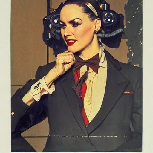 Image similar to portrait of a dapper cyberpunk woman, so happy that her face hurts, by norman rockwell