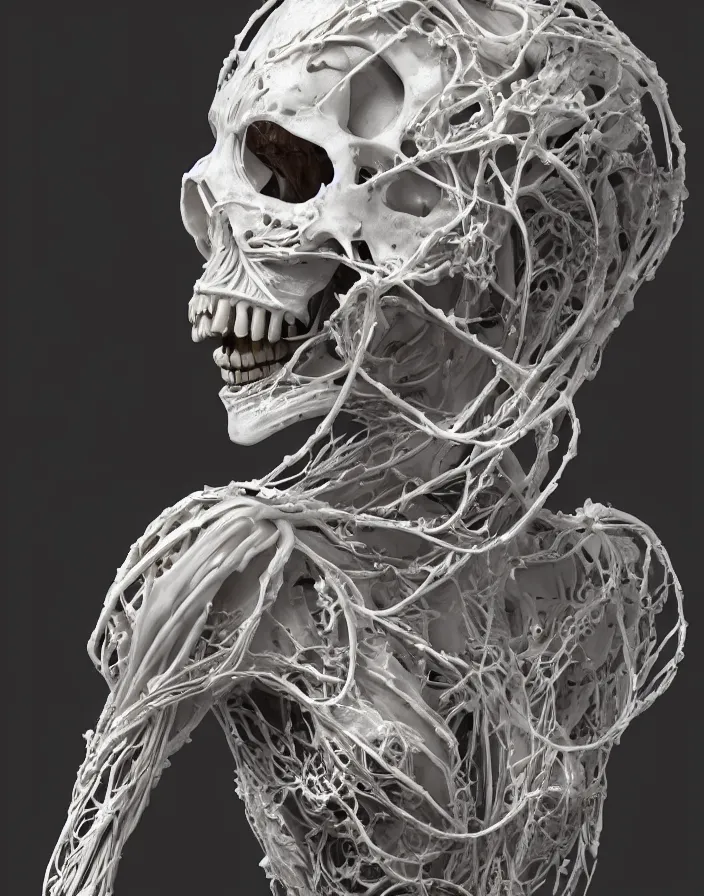 Prompt: biomechanical dressin the form of a wax liquid sculpture full lenght view, stands on rock . beautiful woman wearing a helmet. white plastic. baroque elements, human skull, swollen muscles, tumors, veins, tendons, wires. burning wax, . intricate drawings of caravaggio. halo. octane rendering, cinematic, hyperrealism, octane rendering, 8k, depth of field, bokeh. iridescent accents. vibrant. teal gold and red color scheme